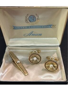 Men's Anson Gold Tone & Pearl Cuff Links & Tie Bar Set One Size